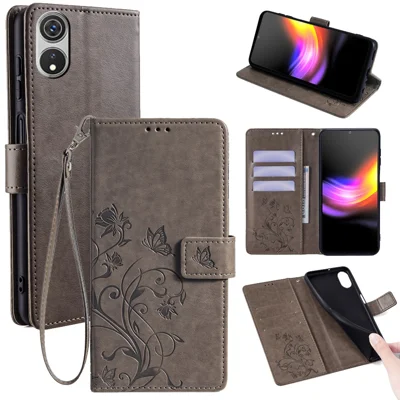 For Cubot P60 Case PU Leather Butterfly Flower Design Flip Protective Phone Cover with Wrist Strap - Grey