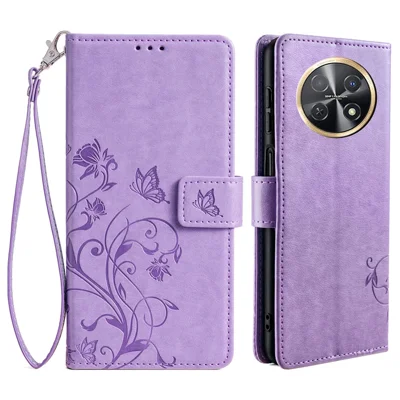 For Huawei Enjoy 60X Case PU Leather Butterfly Flower Wallet Phone Cover Mobile Spares   - Purple