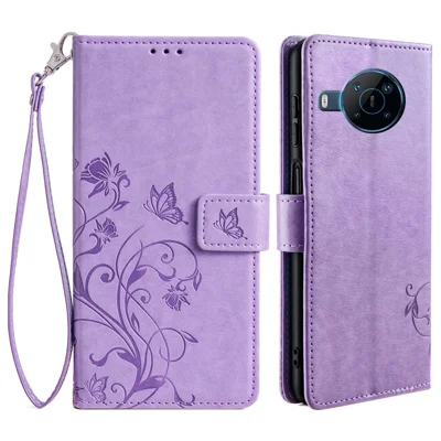 Voor Nokia X100 5G Portemonnee Hoesje Vlinder Bloem PU Leren Cover Online Winkelen Groothandel - Paars