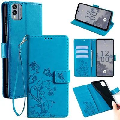 For Nokia X30 5G Case with Hand Strap Wallet Flip PU Leather Butterfly Flower Phone Cover - Blue