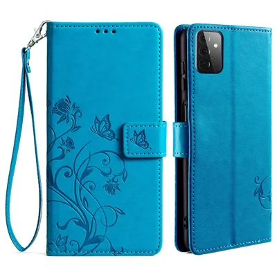 For Samsung Galaxy A72 5G / 4G Case Butterfly Flower PU Leather Cell Phone Shell Online Shopping   - Blue