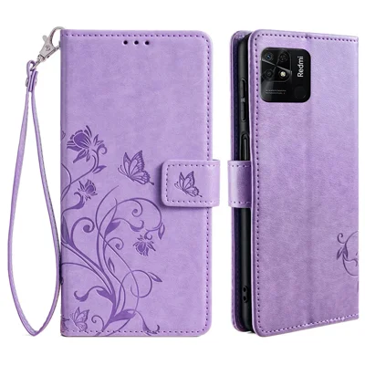 Portemonnee Hoesje voor Xiaomi Redmi 10C 4G met Vlinder Bloemen Leer Telefoonhoes - Paars