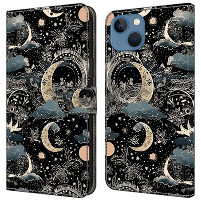 For iPhone 15 Shockproof Case Leather Flip Folio Phone Cover with Wallet - Moon