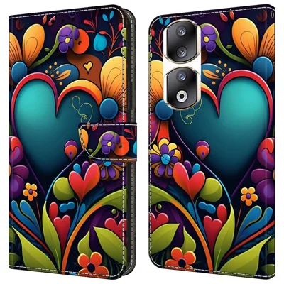 For Honor 90 Pro Case PU Leather Card Slots Phone Back Cover Pattern Printing Design - Pink Flower