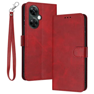 For OnePlus Nord CE 3 Lite 5G / Nord N30 5G / Oppo K11x 5G PU Leather Stand Case Wallet Phone Cover with Strap - Red