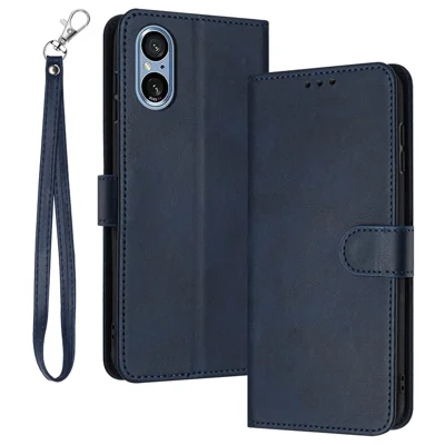 For Sony Xperia 5 V Cover PU Leather Flip Stand Wallet Cell Phone Case with Strap - Sapphire