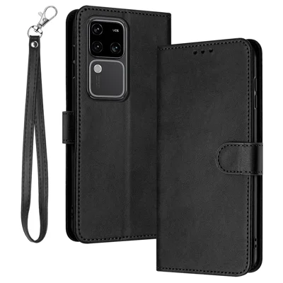 For vivo S18 Pro 5G / S18 5G / V30 5G / V30 Pro 5G   PU Leather Cell Phone Case Stand Wallet Phone Cover with Strap - Black