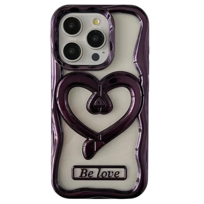 For iPhone 12 Pro Max Case Electroplated TPU Phone Cover Stylish Heart Kickstand - Purple