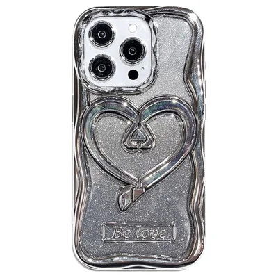 For iPhone 15 Pro Max Case Heart Shape Kickstand Anti-Drop TPU Clear Cover with Glitter Paper - Silver