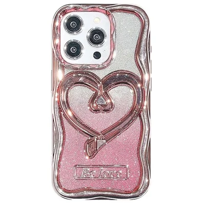 For iPhone 12 Pro Max 6.7 inch TPU Case Electroplated Transparent Phone Kickstand Cover with Glitter Paper - Pink