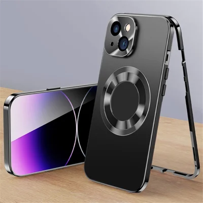 For iPhone 14 Case Compatible with MagSafe  Acrylic+Tempered Glass Clear Phone Case - Black