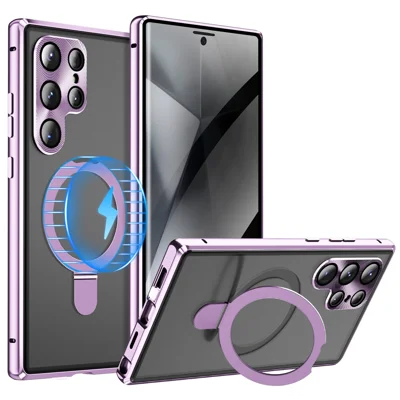 For Samsung Galaxy S24 Ultra Case Magnetic Kickstand Privacy Tempered Glass+Matte PC Back Phone Cover - Purple