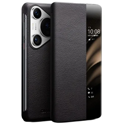 QIALINO For Huawei Pura 70 Pro / Pura 70 Pro+ Case Genuine Cow Leather Ultra-Thin Phone Cover with View Window - Black
