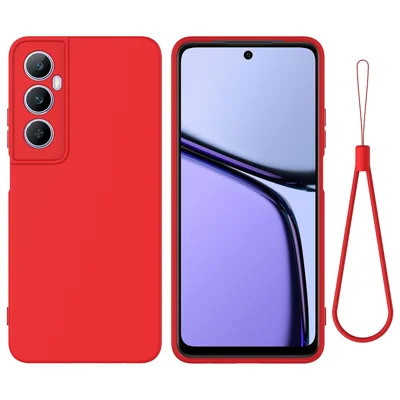 For Realme C65 4G Protective Case Liquid Silicone Phone Cover with Wrist Strap - Red