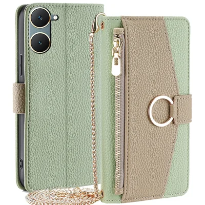 For vivo Y03 Case Makeup Mirror PU Leather+TPU Phone Cover with Chain Shoulder Strap - Green