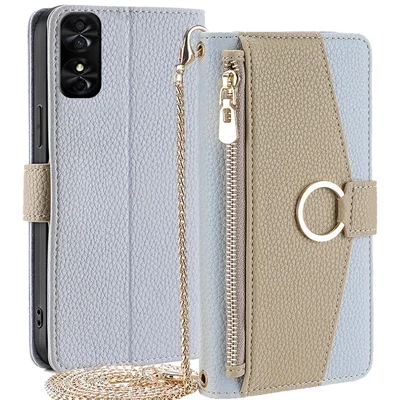 For TCL 50 SE Magnetic Phone Case Zipper Purse Stand Crossbody Cover with Chain Lanyard - Blue