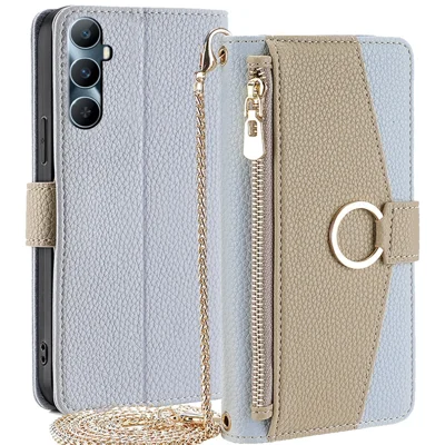 For Realme C65 4G Case PU Leather Zipper Purse Crossbody Phone Cover with Chain Lanyard - Blue