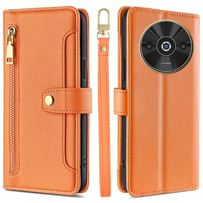 For Xiaomi Redmi A3 / Poco C61 4G Case PU Leather Cash Pocket Phone Cover with Crossbody Strap - Orange