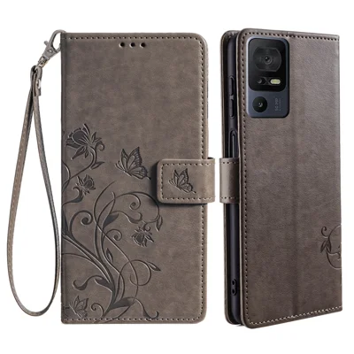Voor TCL 40 SE PU Leather Telefoonhoesje met vlinder- en bloemenprint - Grijs