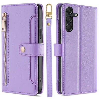 For Samsung Galaxy M55 5G / C55 5G / F55 5G Wallet Case PU Leather Zipper Phone Cover with 2 Straps - Purple