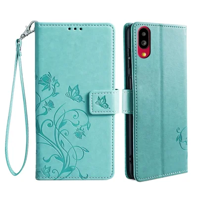 For Sharp Simple Sumaho 6 A201SH Case PU Leather Butterfly Flower Wallet Cover - Green
