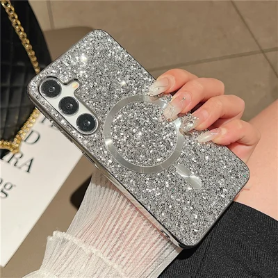For Samsung Galaxy S24 Magnetic Case Electroplating TPU+PC Sparkle Phone Cover - Silver