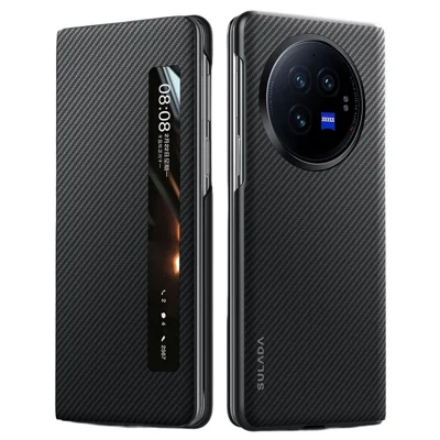 SULADA voor vivo X Fold3 hoes met kijkvenster Lederen+PC telefoonhoes - Zwart