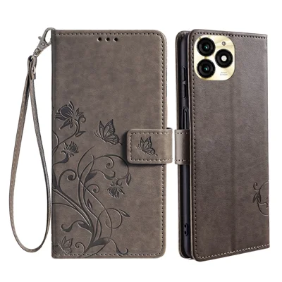 For itel A70 Phone Case Butterfly Flower Imprint PU Leather Wallet Cover - Grey