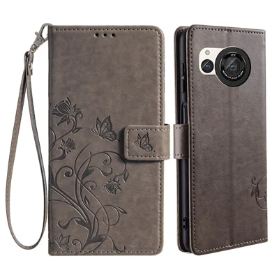 For Sharp Aquos R8 SH-52D Case Butterfly Flower Imprint PU Leather Wallet Phone Cover - Grey
