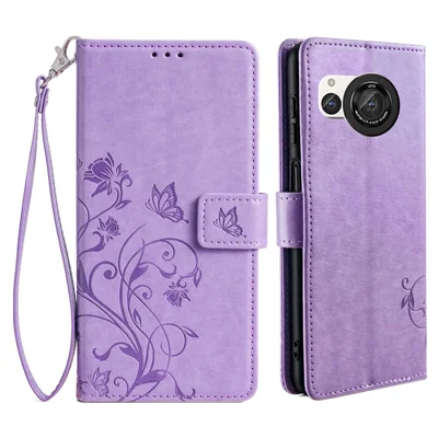 For Sharp Aquos R8 SH-52D Case Butterfly Flower Imprint PU Leather Wallet Phone Cover - Purple
