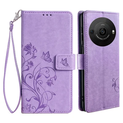 For Sharp Aquos R8 Pro SH-51D Leather Case Imprinted Butterfly Flower Stand Card Slots Phone Cover - Purple
