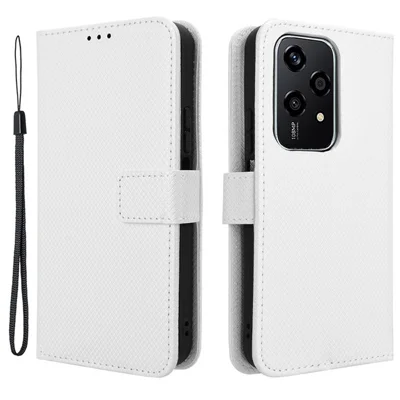 For Honor 200 Lite Case Wallet Diamond Texture PU Leather TPU Protective Shell Phone Cover - White