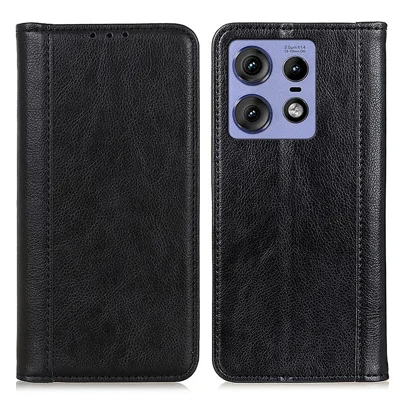 For Motorola Edge 50 Pro 5G Case Split Leather Wallet Magnetic Closure Litchi Texture Cover - Black
