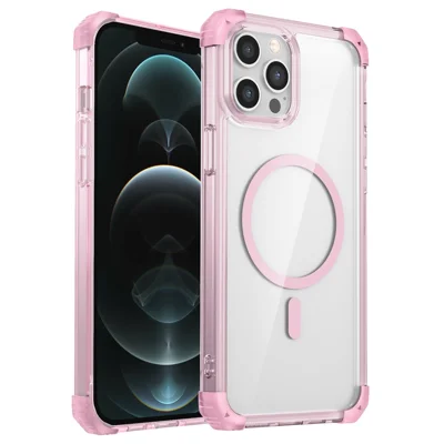 Til iPhone 12 / 12 Pro Case Fire Hjørners Luftpude TPU+PC Hybrid Magnetisk Telefonbeskyttelse - Transparent Rosa