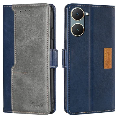 For vivo Y03 Wallet Cover Colour Splicing PU Leather Flip Folio Phone Case - Blue+Grey