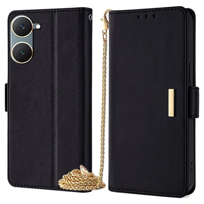 For vivo Y03 Wallet Case PU Leather Card Slots Flip Phone Cover with Crossbody Strap - Black