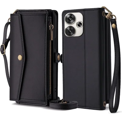 For Xiaomi Redmi Turbo 3 5G / Poco F6 5G Phone Case Large Capacity Wallet Leather Stand Protective Cover with 2 Straps - Black