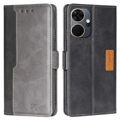For itel P55+ Phone Case Leather Wallet Dual Color Splicing Phone Cover - Black+Grey