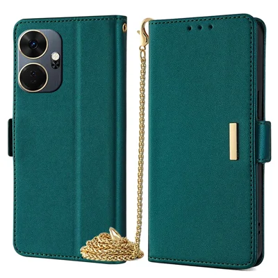 For itel P55+ Case with Chain Shoulder Strap Wallet Leather Phone Cover - Green