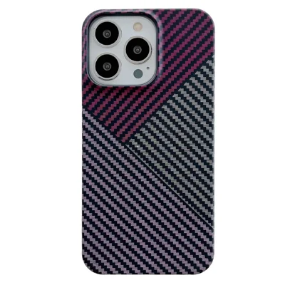 For iPhone 14 Pro Max Case Shockproof PC Phone Back Cover Carbon Fiber Texture Shell - Red+Purple+Black