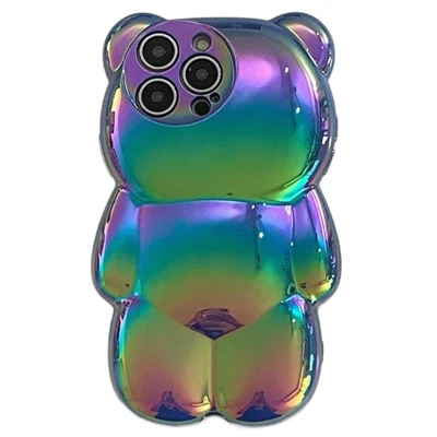 Color Electroplated Phone Case for iPhone 14 Pro Max Cute Bear Shape TPU Phone Cover - Blue