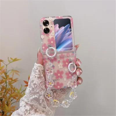 For Oppo Find N2 Flip 5G Case Flower Pattern Printing PC Phone Cover with Flower Charm Chain - Pink Flower