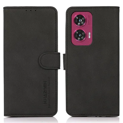 KHAZNEH For Motorola Edge 50 Fusion 5G Case Texture Leather Soft Touch Magnetic Flip Phone Cover - Black