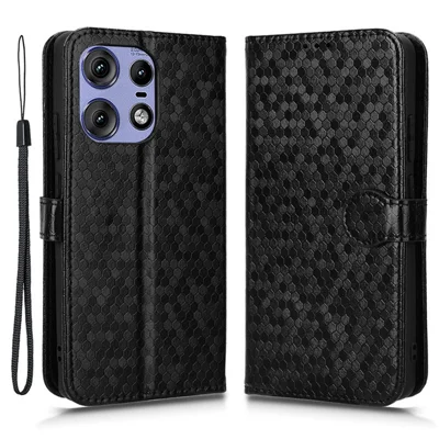 For Motorola Edge 50 Pro 5G Case Leather Card Holder Stand Phone Cover Dot Pattern Design - Black