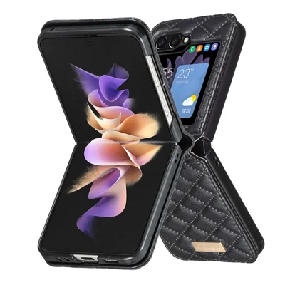 BINFEN COLOR For Samsung Galaxy Z Flip7 FE 5G / Z Flip6 5G / Z Flip5 5G Case Rhombus PU Leather Folding Phone Cover - Black