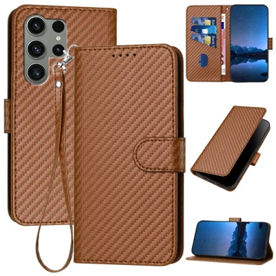 YX0070 For Samsung Galaxy S23 Ultra Case PU Leather Carbon Fiber Texture Flip Phone Cover - Coffee