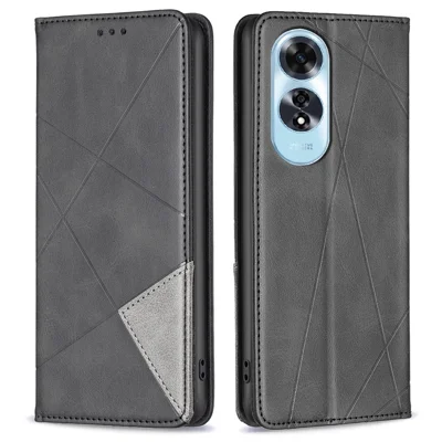 For Oppo A60 4G Case Shockproof PU Leather Rhombus Phone Cover with Card Slots - Black