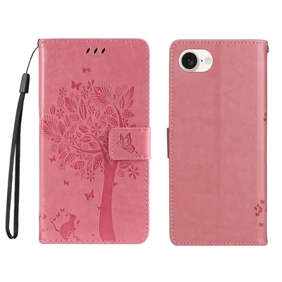 For iPhone 17e / 16e Phone Case with Stand Cat Tree Pattern Leather Wallet Mobile Cover - Pink