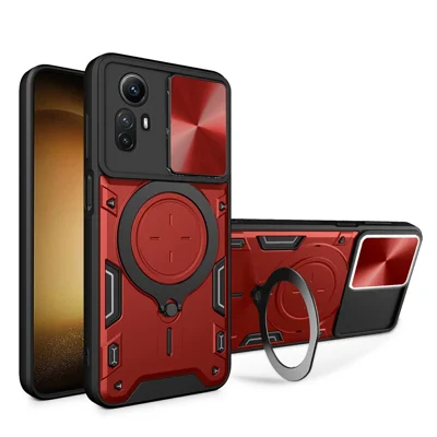 For Xiaomi Redmi Note 12S 4G Case Anti-Drop TPU+PC Phone Cover with Kickstand, Slide Lens Lid - Red