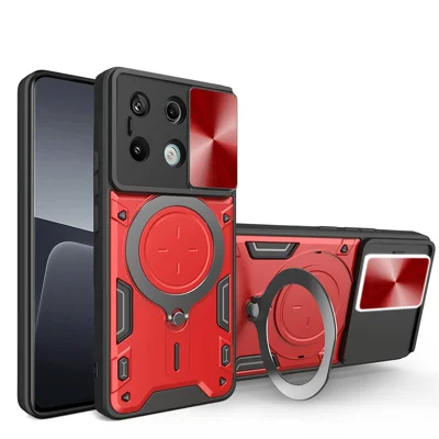 For Xiaomi Redmi Note 13 Pro 5G / Poco X6 5G Case Kickstand TPU+PC Phone Cover with Slide Lens Lid - Red